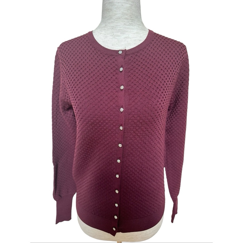 Zara Burgundy Knit Jewel Rhinestones Buttons Textured Cardigan, NWT, M - Picture 11 of 14